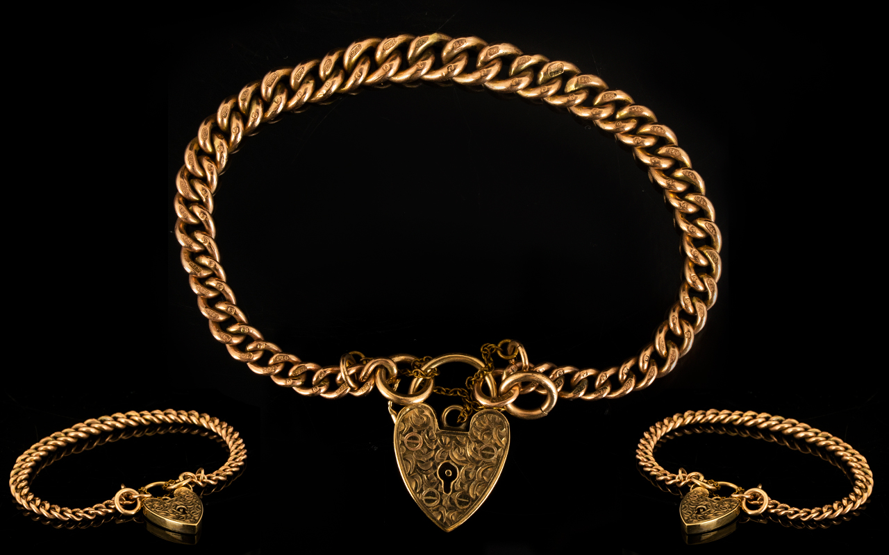 Antique Period 9ct Gold Albert Bracelet with attached 9ct Gold Heart Shaped Padlock.