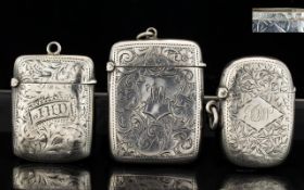 A Good Collection of Antique Period Solid Silver Hinged Vesta Cases ( 3 ) In Total.