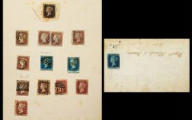 Small Sheet of Very Early Victorian GB Stamps - from penny black (four margins and a red Maltese