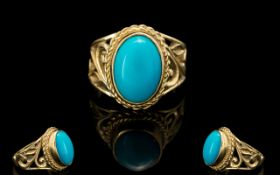 Ladies Fancy / Ornate Shank 9ct Gold Single Stone Turquoise Set Dress Ring,