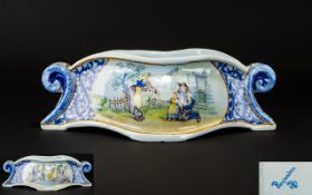 French Quimper Ware - Hand Painted 19th Century Scroll Handle Faience Unusual Shaped Jardiniere,