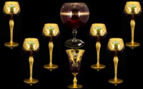 A Collection Of Italian Ruby Red And Gold Enamel Glassware To include six hock glasses with painted