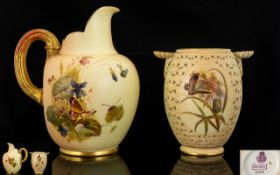 Royal Worcester Blush Ivory Helmet Shaped Jug 'Spring Flowers' decoration with painted gold handles.