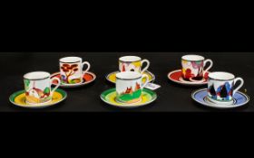 Clarice Cliff By Wedgwood Set of Six Cups and Saucers. 'Limited edition 'Summer House'.