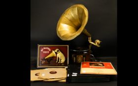 HMV Replica Gramophone. With Tin Horn, Octagonal Wooden Frame. In Working Order.