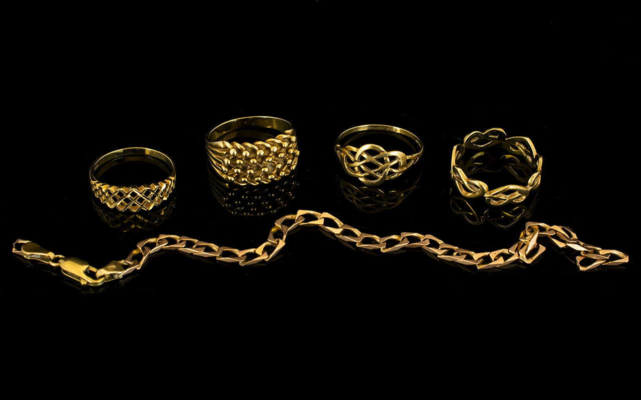 A Small Collection of 9ct Gold Rings / Bracelets ( 4 ) Rings, 1 Bracelet.