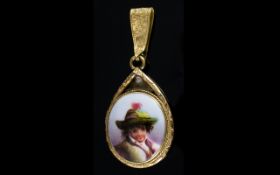 Antique Yellow Metal Mourning Pendant, the front hand painted with portrait of young boy,