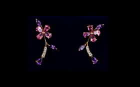 A Pair Of 18ct Gold Flower Drop Earrings, Set With Coloured Gemstones, Fully Hallmarked,