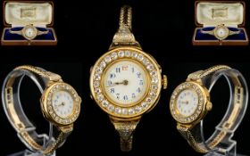 Ladies - Superb Art Deco Period French 18ct Gold Cased Wrist Watch with Full Diamond Set Bezel and