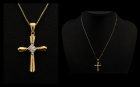 A 14ct Gold Diamond Set Cross with Attached 14ct Gold Chain and Cross 2.7 grams.