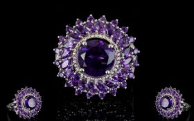 Amethyst 'Sunflower' Statement Ring, a central, round cut amethyst of 3ct,