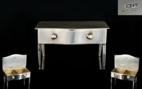 Edwardian Period - Nice Quality Solid Silver Double Stamp Holder In The Form of a Bow Fronted Desk,