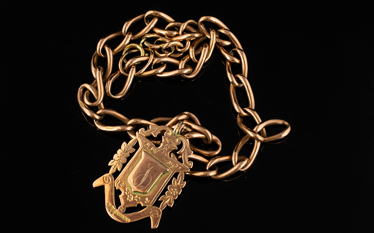 Victorian Period 9ct Rose Gold Albert Chain & Fob. All links marked 9.375 ct. 54.2 grams. - Image 2 of 3