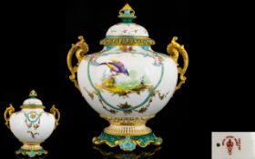 Royal Crown Derby Impressive Twin Handle Lidded Vase with Painted Images of Exotic Birds to Central