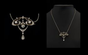 Art Nouveau Attractive & Pleasing 18ct Gold & Platinum Diamond Set Pendant/Drop/Brooch of Excellent