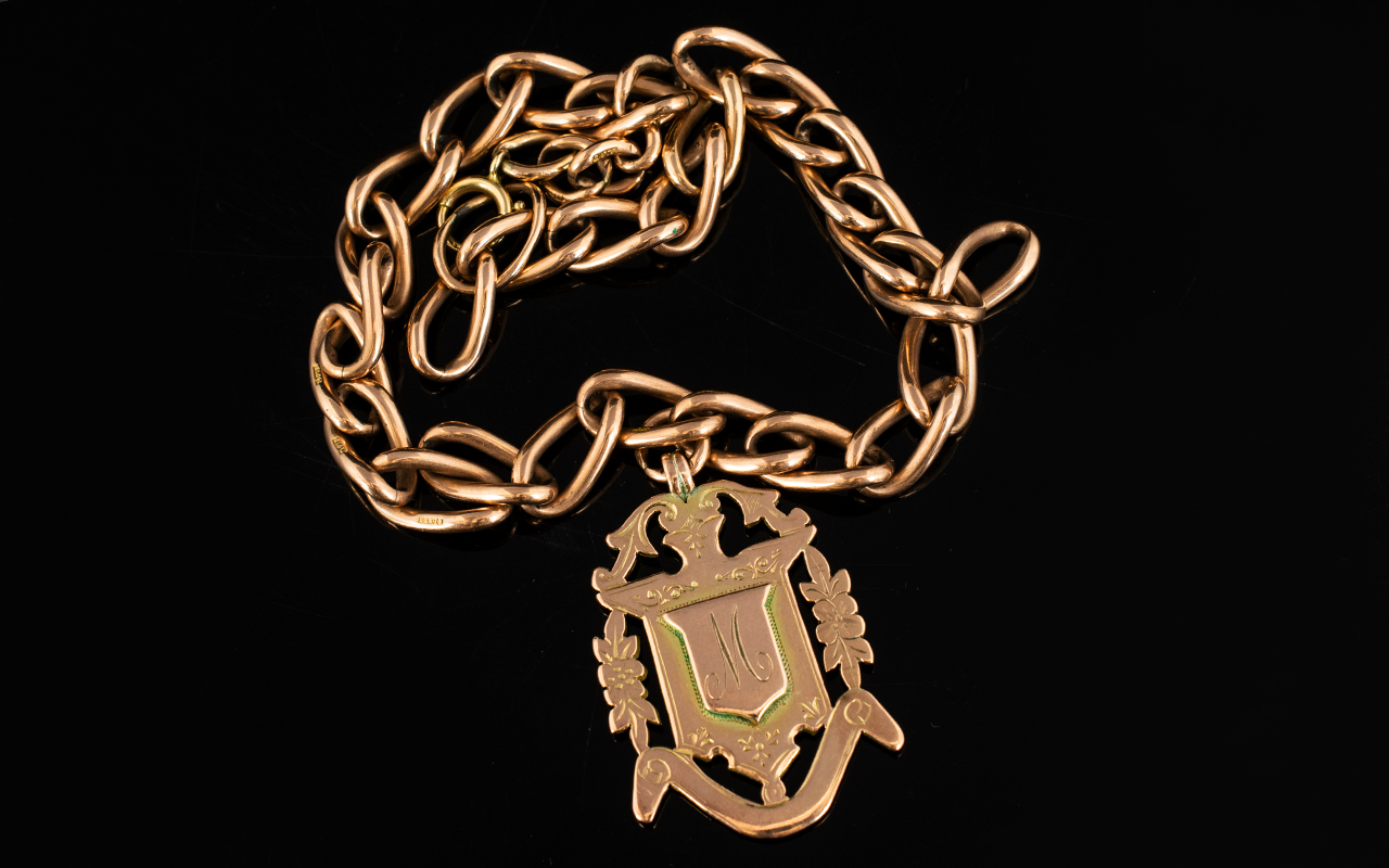 Victorian Period 9ct Rose Gold Albert Chain & Fob. All links marked 9.375 ct. 54.2 grams. - Image 3 of 3