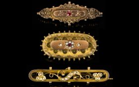 Victorian Period - Nice Quality Small Collection of 9ct Gold Ornate Stone Set Brooches ( 3 ) In