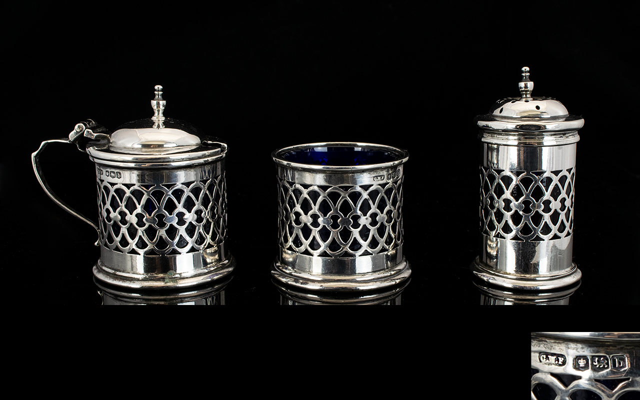 George V Nice Quality 3 Piece Silver Cruet Set with Ornate Trellis Work Design to Sides,