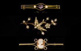 Antique Period Nice Quality Collection of 9ct Gold Stone Set Brooches ( 3 ) All Fully Hallmarked