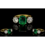 Art Deco Period - Attractive 18ct Gold 3 Stone Emerald and Diamond Set Dress Ring of Good Quality.