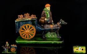 Antique Period - Mojolica Handpainted Male Pot Seller Figure with dog and cart. Not marked.