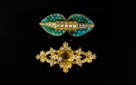 Edwardian 15ct Gold Citrine And Seed Pearl Brooch Together With An 18ct Gold Turquoise And Seed