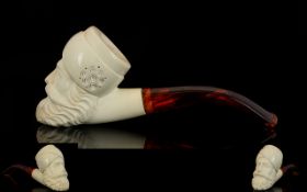 Antique Period - Superb Quality Meerschaum Carved Ivory and Amber Pipe with The Head of Arabian