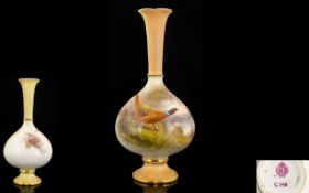 Royal Worcester Hand Painted Specimen Posy Vase - of Small Proportion ' Pheasants ' In a Woodland