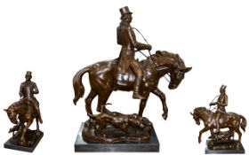 Large Bronze Figure Group, Depicting A Nobleman On Horseback With Two Hunting Dogs,