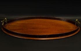 20thC Mahogany Oval Tray, Boxwood Inlay, Brass Twin Handles,