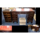 Gents Pedestal Writing Desk - Nine Drawers And With Red Leather To Top.