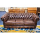 Three Seater Brown Leather Chesterfield Button Back, In Good Condition.