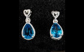 Swiss Blue Topaz Pendant Earrings, pear cut Swiss Blue topaz solitaires, totalling 2.