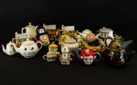 A Collection Of Novelty Decorative Tea Pots to include Annie Rowe Ceramic Hand Painted Eastenders
