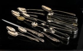 Set Of Six Silver Georgian Tea Spoons, Together With Four Sets Of Silver Sugar Nips,