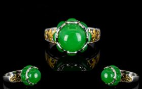 Green Jade Crowned Ring with White Zircon Accents, a circle of square cut jade cabochons,