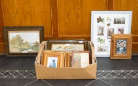 A Mixed Collection Of Framed Prints Paintings And Postcards A complete mixed lot, Sixteen items in