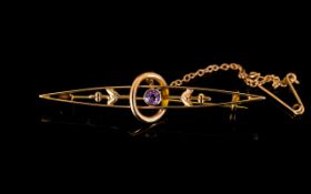 Antique Period 9ct Gold Amethyst Set Brooch with Attached 9ct Gold Safety Chain. Marked 9ct.