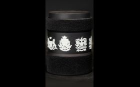 Wedgwood Black Jasperware Cathedral Cities Jar With City Crest Designs Around The Outside Body.