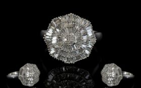 Diamond Rosette Cluster Ring, three wavy tiers of closely set baguette cut diamonds,