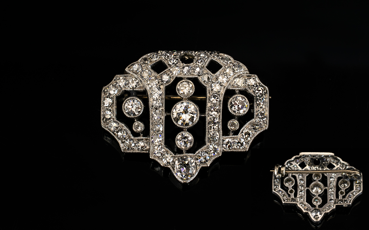 Early 20th Century Belle Époque Diamond Brooch Geometric milgrain set round cut diamonds,