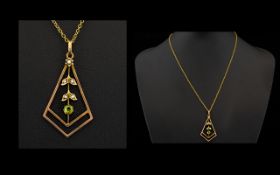 Antique Period - Aesthic 9ct Gold Peridot Drop of Pleasing Form with Attached 9ct Gold Chain.