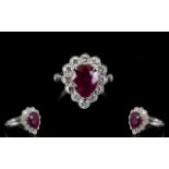 Ladies Superb Quality 18ct White Gold Ruby & Diamond Set Cluster Ring of Pear Shape.