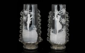 Pair Of 'Mary Gregory' Clear Glass Vases, White Enamelled Decoration Depicting Young Boy And Girl,