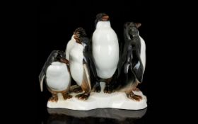 Cama Porcelain Spain Glazed Ceramic Figure Group Penguin Family Raised on glazed base,