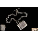 Edwardian Period Silver Hinged Vesta Case with attached double silver Albert chain,