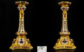 Royal Crown Derby Impressive Pair of Tall Old Imari S.G.B ( Solid Gold Band ) Candlesticks.