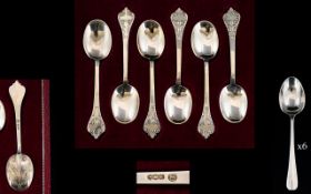 Sterling Silver Charles II Before and After Reproduction Box Set of Six ' Trifid ' Lace Back Spoons.