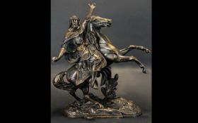 A Cast Spelter Figure In The Form Of A Middle Eastern Warrior On Horseback Raised on lozenge form