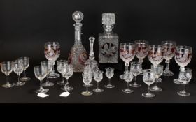 Ruby Glass Decanters & Glasses to include one square decanter with stopper, approx.
